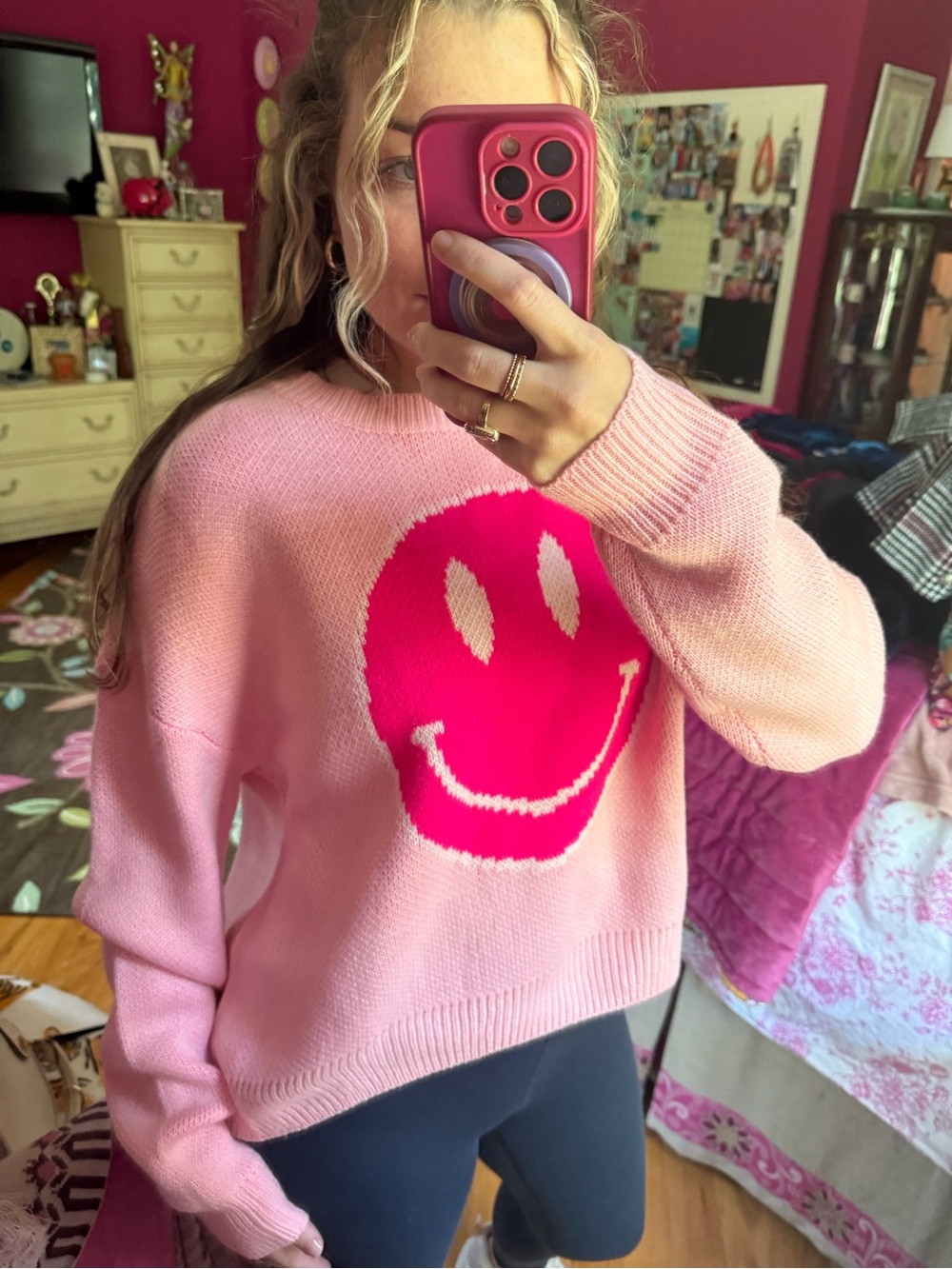 Main Strip Pink Crewneck Sweater with Fuchsia Smiley Graphic